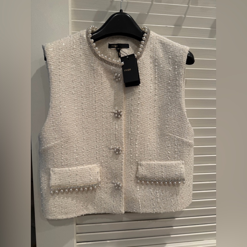 Maje Cream Tweed Vest with Pearls